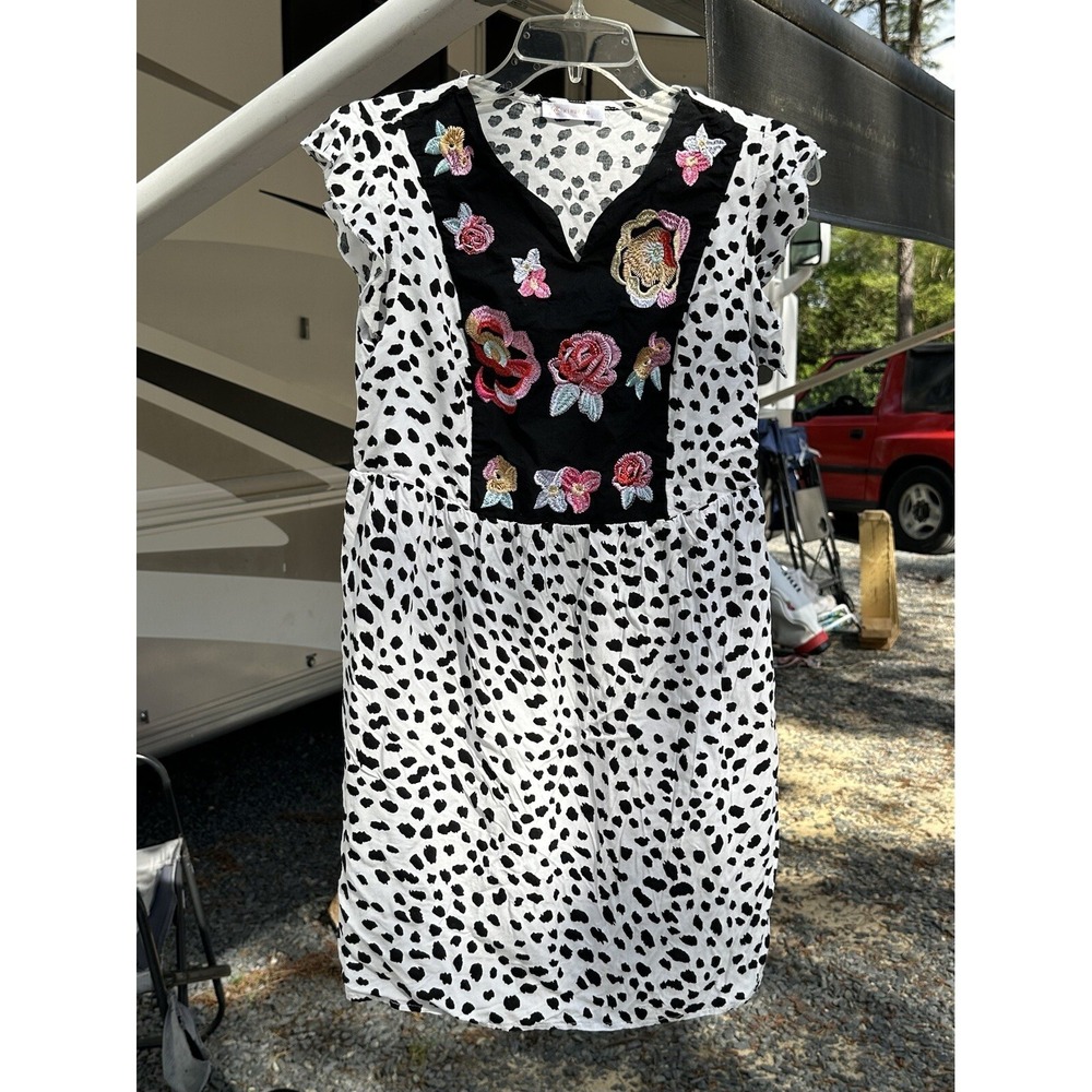 KIRUNDO Mini Dress Size M White Black Leopard Print Embroidered Floral Boho Chic